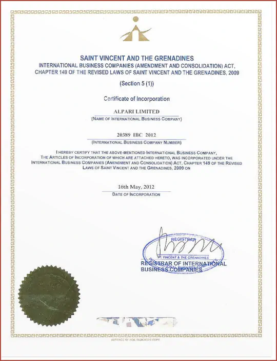 Сертификат брокера Alpari